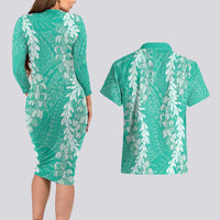 Puakenikeni and Maile Lei Couples Matching Long Sleeve Bodycon Dress and Hawaiian Shirt Sage Green Double Strand Lei LT9 - Polynesian Pride