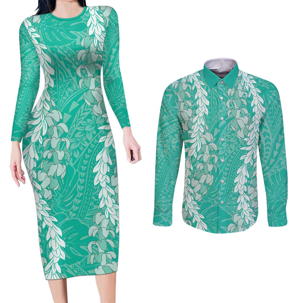 Puakenikeni and Maile Lei Couples Matching Long Sleeve Bodycon Dress and Long Sleeve Button Shirt Sage Green Double Strand Lei LT9 Sage Green - Polynesian Pride