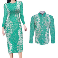 Puakenikeni and Maile Lei Couples Matching Long Sleeve Bodycon Dress and Long Sleeve Button Shirt Sage Green Double Strand Lei LT9 Sage Green - Polynesian Pride