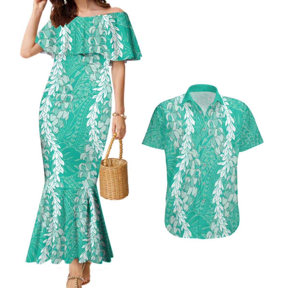 Puakenikeni and Maile Lei Couples Matching Mermaid Dress and Hawaiian Shirt Sage Green Double Strand Lei