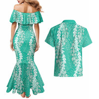 Puakenikeni and Maile Lei Couples Matching Mermaid Dress and Hawaiian Shirt Sage Green Double Strand Lei LT9 - Polynesian Pride