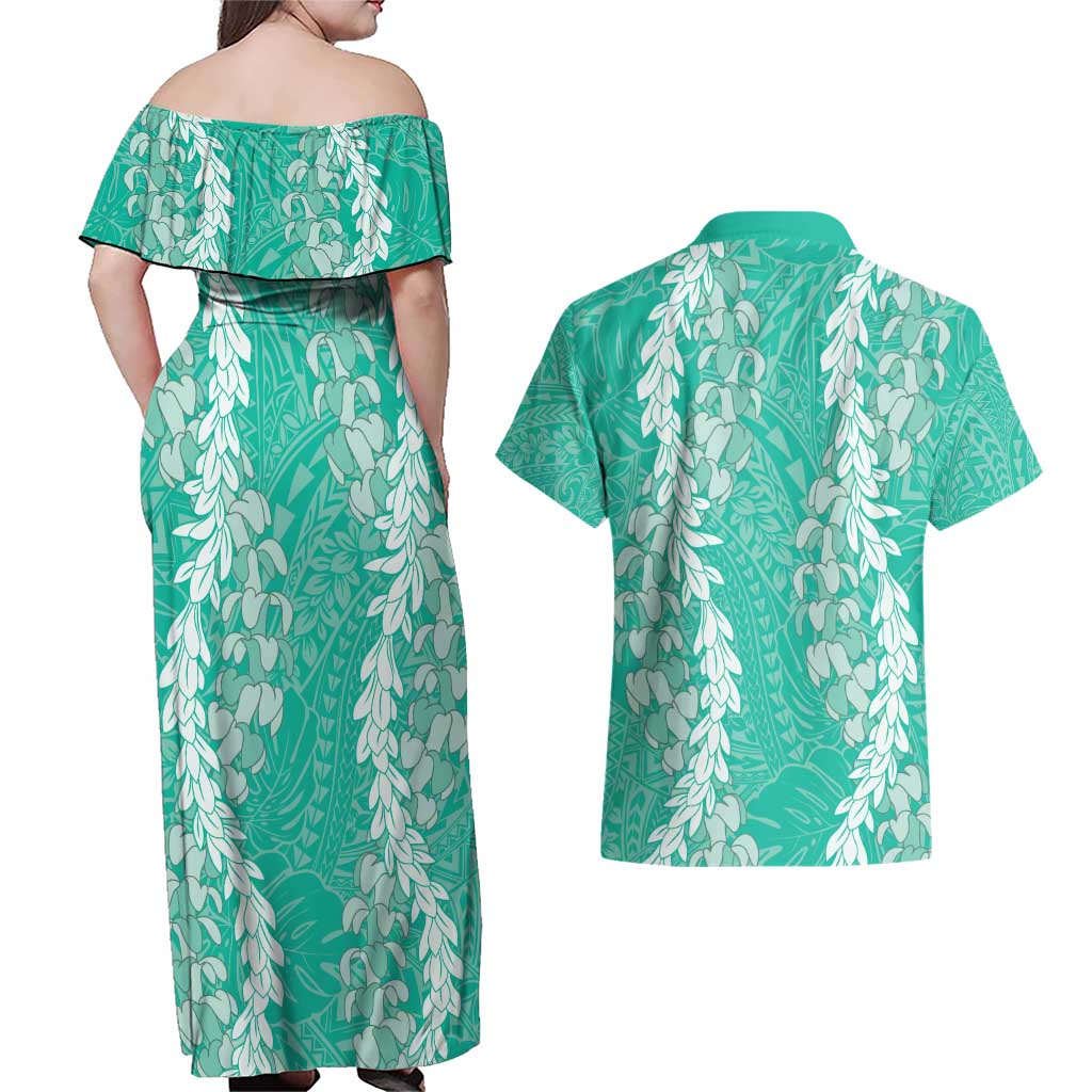 Puakenikeni and Maile Lei Couples Matching Off Shoulder Maxi Dress and Hawaiian Shirt Sage Green Double Strand Lei LT9 - Polynesian Pride