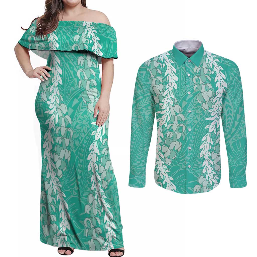 Puakenikeni and Maile Lei Couples Matching Off Shoulder Maxi Dress and Long Sleeve Button Shirt Sage Green Double Strand Lei LT9 Sage Green - Polynesian Pride