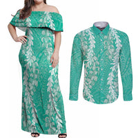 Puakenikeni and Maile Lei Couples Matching Off Shoulder Maxi Dress and Long Sleeve Button Shirt Sage Green Double Strand Lei LT9 Sage Green - Polynesian Pride