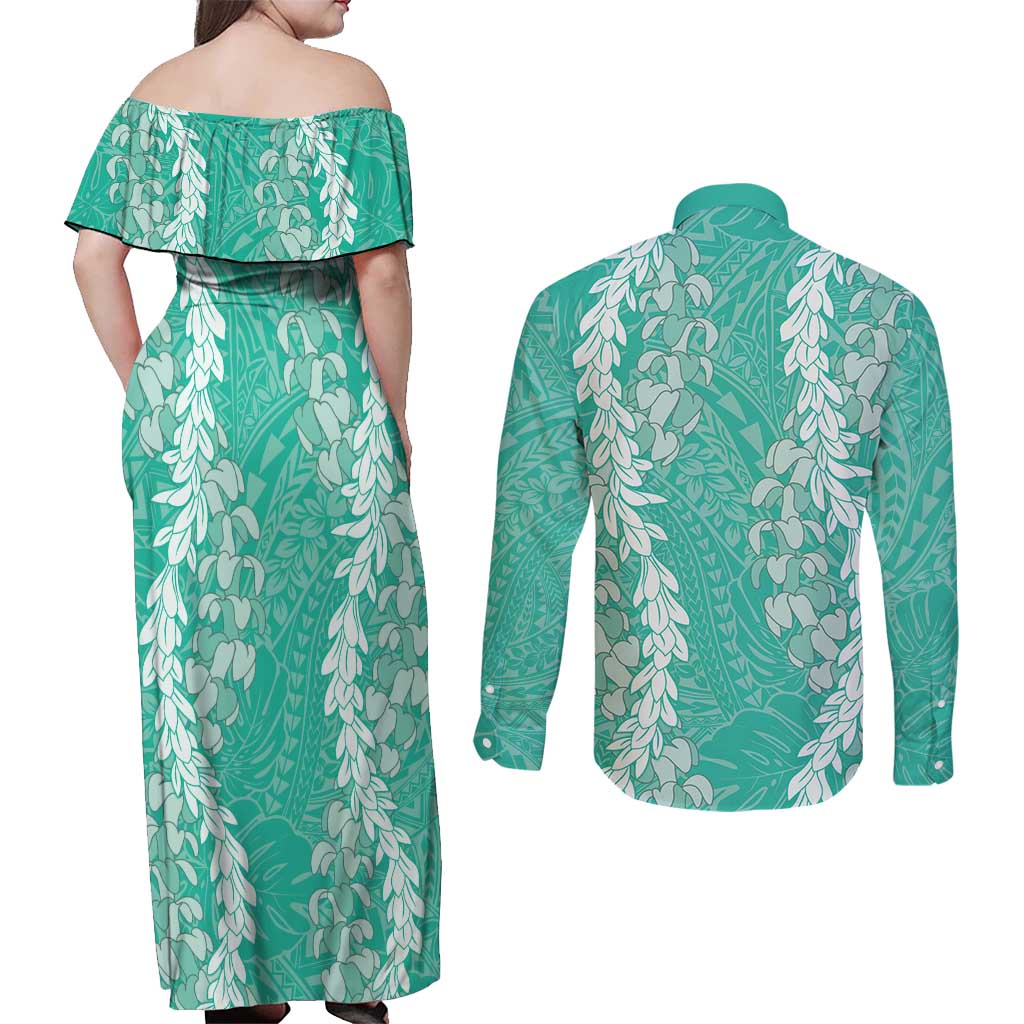 Puakenikeni and Maile Lei Couples Matching Off Shoulder Maxi Dress and Long Sleeve Button Shirt Sage Green Double Strand Lei LT9 - Polynesian Pride