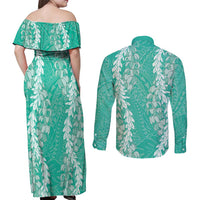 Puakenikeni and Maile Lei Couples Matching Off Shoulder Maxi Dress and Long Sleeve Button Shirt Sage Green Double Strand Lei LT9 - Polynesian Pride