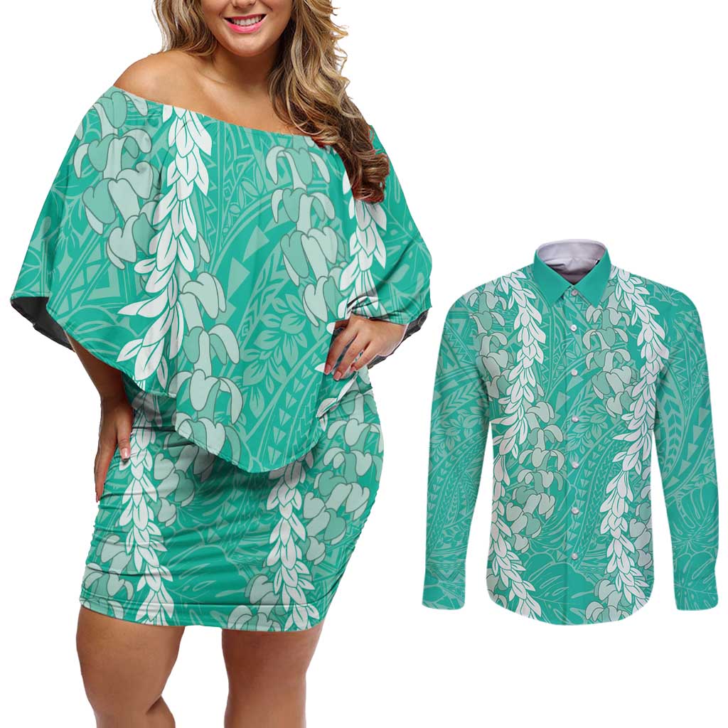 Puakenikeni and Maile Lei Couples Matching Off Shoulder Short Dress and Long Sleeve Button Shirt Sage Green Double Strand Lei LT9 Sage Green - Polynesian Pride
