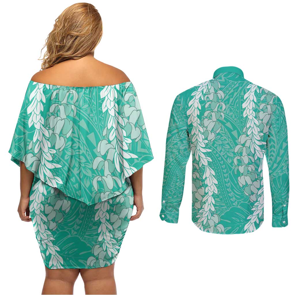 Puakenikeni and Maile Lei Couples Matching Off Shoulder Short Dress and Long Sleeve Button Shirt Sage Green Double Strand Lei LT9 - Polynesian Pride