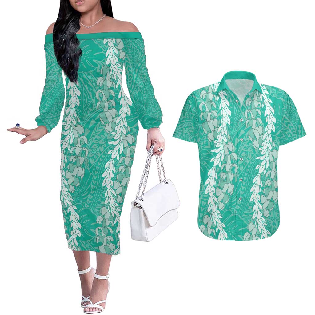 Puakenikeni and Maile Lei Couples Matching Off The Shoulder Long Sleeve Dress and Hawaiian Shirt Sage Green Double Strand Lei