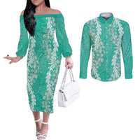 Puakenikeni and Maile Lei Couples Matching Off The Shoulder Long Sleeve Dress and Long Sleeve Button Shirt Sage Green Double Strand Lei LT9 Sage Green - Polynesian Pride