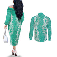 Puakenikeni and Maile Lei Couples Matching Off The Shoulder Long Sleeve Dress and Long Sleeve Button Shirt Sage Green Double Strand Lei LT9 - Polynesian Pride