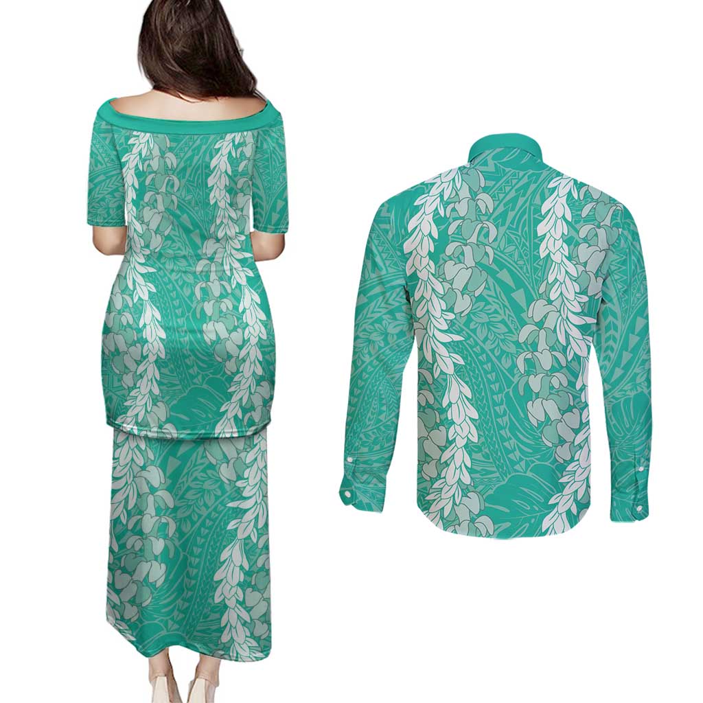 Puakenikeni and Maile Lei Couples Matching Puletasi and Long Sleeve Button Shirt Sage Green Double Strand Lei LT9 - Polynesian Pride