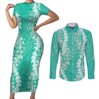 Puakenikeni and Maile Lei Couples Matching Short Sleeve Bodycon Dress and Long Sleeve Button Shirt Sage Green Double Strand Lei LT9 Sage Green - Polynesian Pride