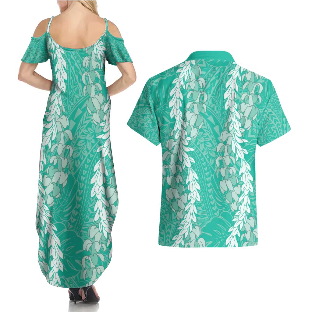 Puakenikeni and Maile Lei Couples Matching Summer Maxi Dress and Hawaiian Shirt Sage Green Double Strand Lei LT9 - Polynesian Pride