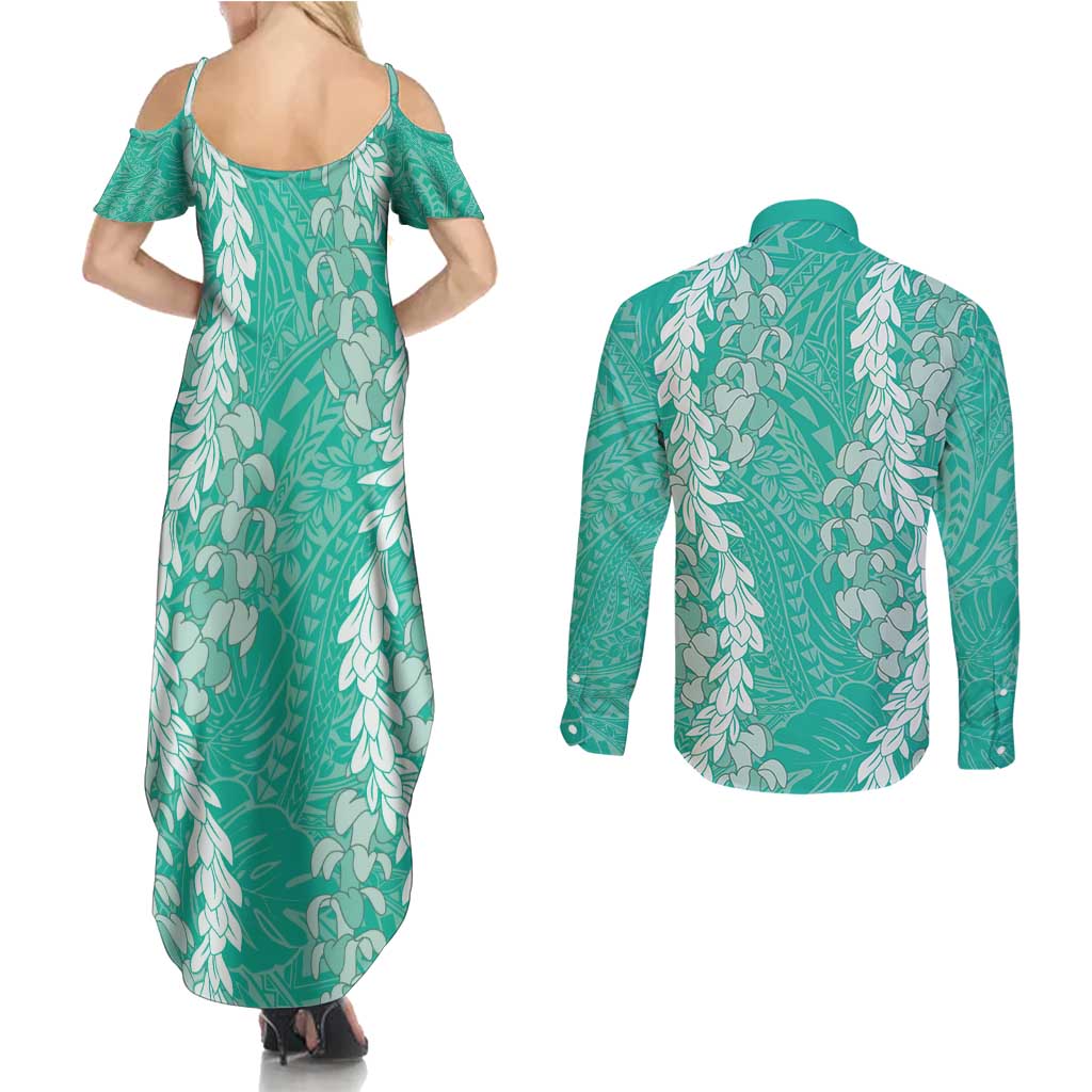 Puakenikeni and Maile Lei Couples Matching Summer Maxi Dress and Long Sleeve Button Shirt Sage Green Double Strand Lei LT9 - Polynesian Pride