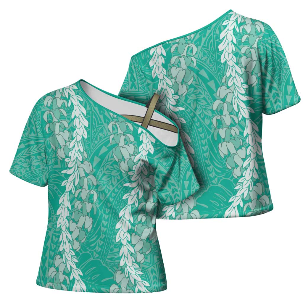 Puakenikeni and Maile Lei Cross Shoulder Shirt Sage Green Double Strand Lei - Polynesian Pride