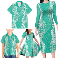 Puakenikeni and Maile Lei Family Matching Long Sleeve Bodycon Dress and Hawaiian Shirt Sage Green Double Strand Lei LT9 - Polynesian Pride