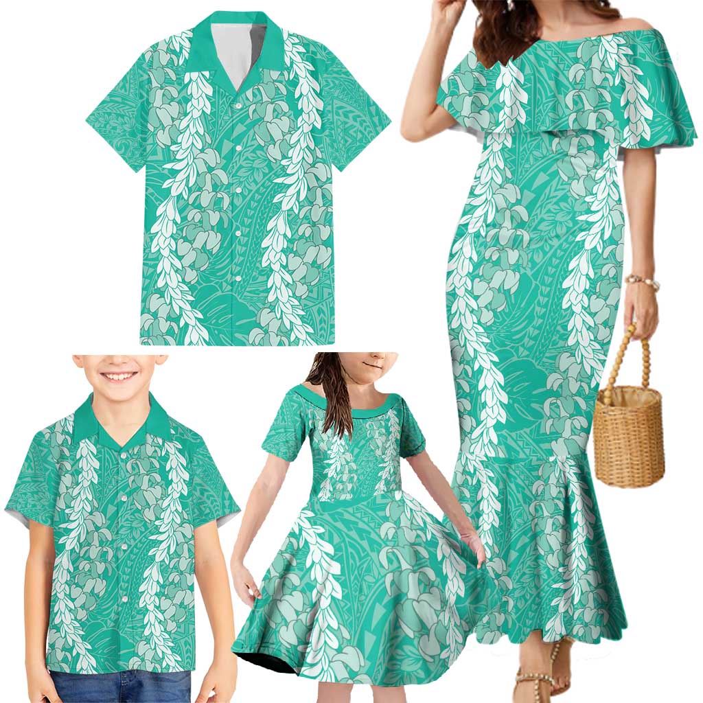 Puakenikeni and Maile Lei Family Matching Mermaid Dress and Hawaiian Shirt Sage Green Double Strand Lei LT9 - Polynesian Pride