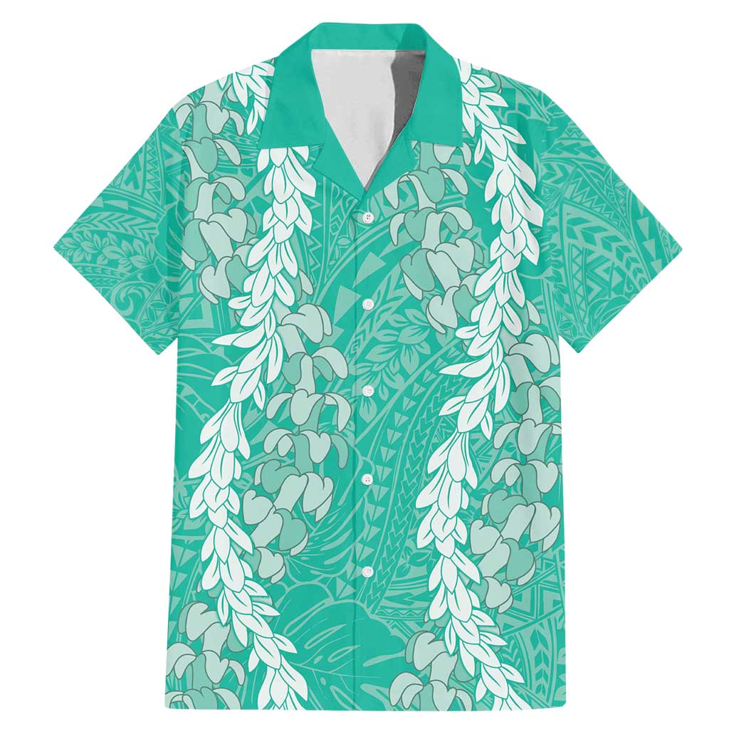 Puakenikeni and Maile Lei Family Matching Mermaid Dress and Hawaiian Shirt Sage Green Double Strand Lei LT9 Dad's Shirt - Short Sleeve Sage Green - Polynesian Pride
