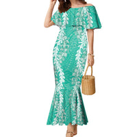 Puakenikeni and Maile Lei Family Matching Mermaid Dress and Hawaiian Shirt Sage Green Double Strand Lei LT9 Mom's Dress Sage Green - Polynesian Pride