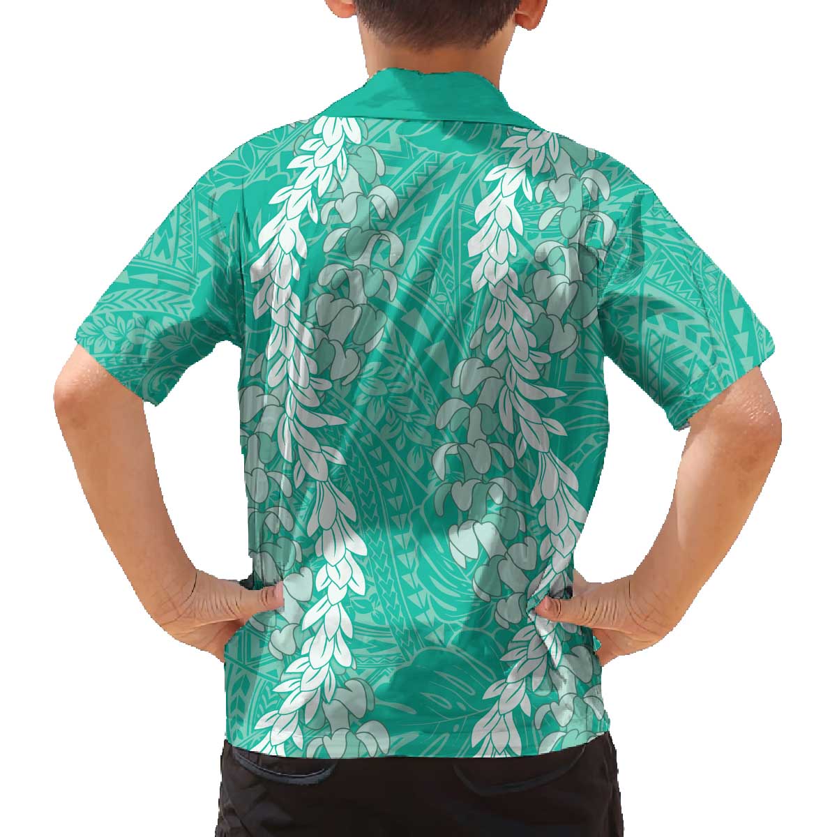 Puakenikeni and Maile Lei Family Matching Off The Shoulder Long Sleeve Dress and Hawaiian Shirt Sage Green Double Strand Lei LT9 - Polynesian Pride
