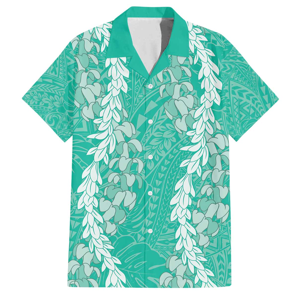 Puakenikeni and Maile Lei Family Matching Off The Shoulder Long Sleeve Dress and Hawaiian Shirt Sage Green Double Strand Lei LT9 Dad's Shirt - Short Sleeve Sage Green - Polynesian Pride