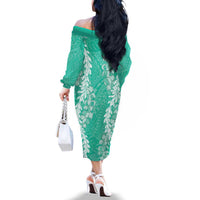 Puakenikeni and Maile Lei Family Matching Off The Shoulder Long Sleeve Dress and Hawaiian Shirt Sage Green Double Strand Lei LT9 - Polynesian Pride