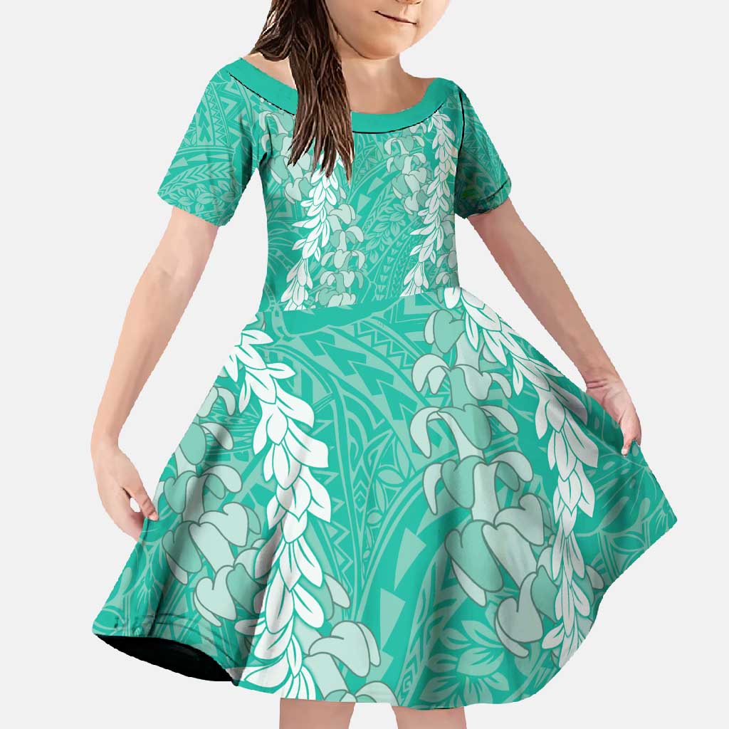 Puakenikeni and Maile Lei Family Matching Off Shoulder Maxi Dress and Hawaiian Shirt Sage Green Double Strand Lei LT9 Daughter's Dress Sage Green - Polynesian Pride