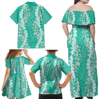 Puakenikeni and Maile Lei Family Matching Off Shoulder Maxi Dress and Hawaiian Shirt Sage Green Double Strand Lei LT9 - Polynesian Pride
