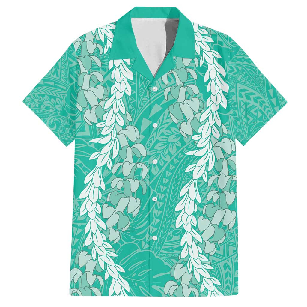 Puakenikeni and Maile Lei Family Matching Off Shoulder Maxi Dress and Hawaiian Shirt Sage Green Double Strand Lei LT9 Dad's Shirt - Short Sleeve Sage Green - Polynesian Pride