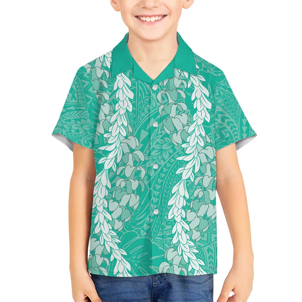 Puakenikeni and Maile Lei Family Matching Off Shoulder Maxi Dress and Hawaiian Shirt Sage Green Double Strand Lei LT9 Son's Shirt Sage Green - Polynesian Pride