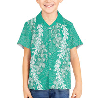Puakenikeni and Maile Lei Family Matching Off Shoulder Maxi Dress and Hawaiian Shirt Sage Green Double Strand Lei LT9 Son's Shirt Sage Green - Polynesian Pride