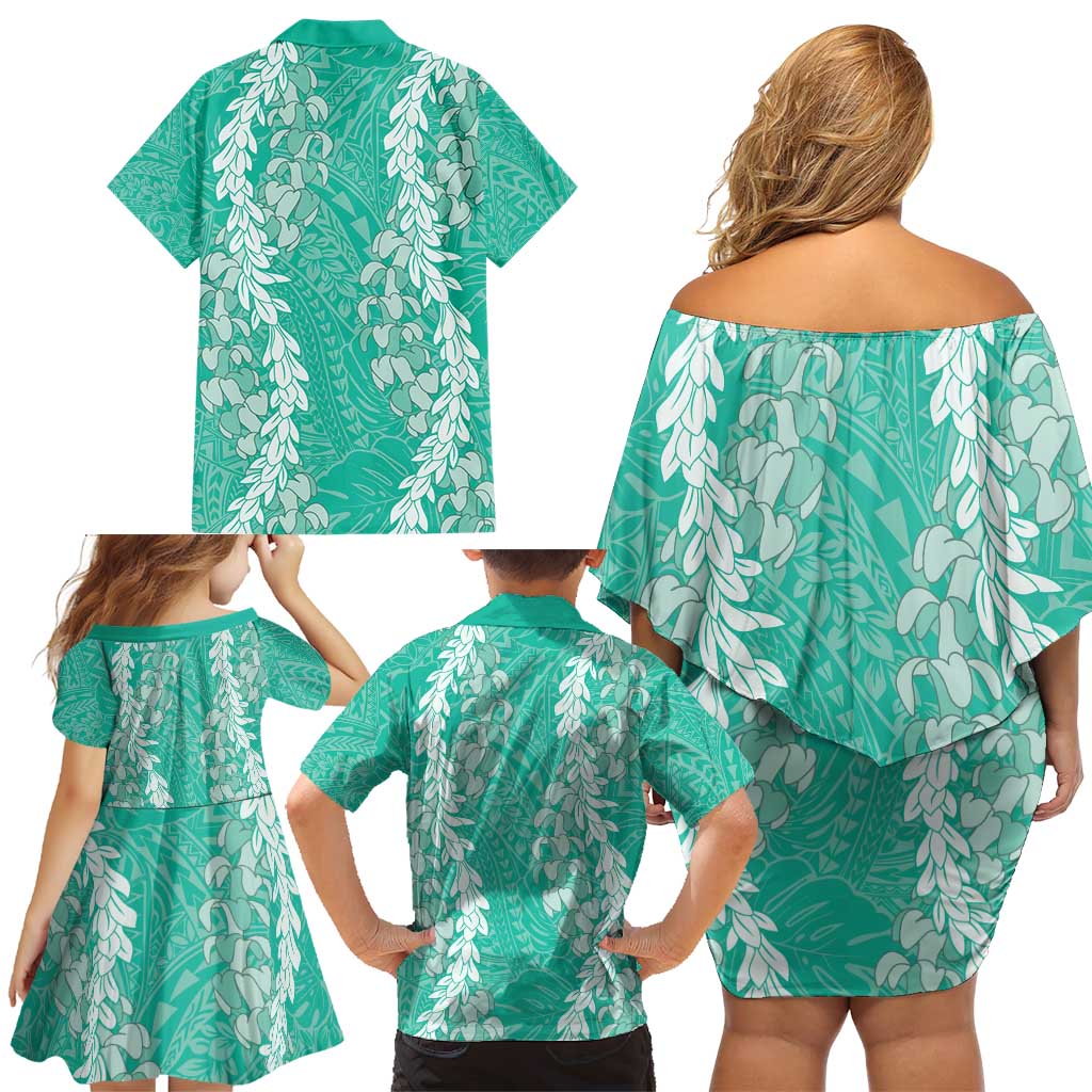 Puakenikeni and Maile Lei Family Matching Off Shoulder Short Dress and Hawaiian Shirt Sage Green Double Strand Lei LT9 - Polynesian Pride