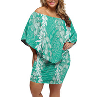 Puakenikeni and Maile Lei Family Matching Off Shoulder Short Dress and Hawaiian Shirt Sage Green Double Strand Lei LT9 Mom's Dress Sage Green - Polynesian Pride
