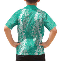 Puakenikeni and Maile Lei Family Matching Short Sleeve Bodycon Dress and Hawaiian Shirt Sage Green Double Strand Lei LT9 - Polynesian Pride