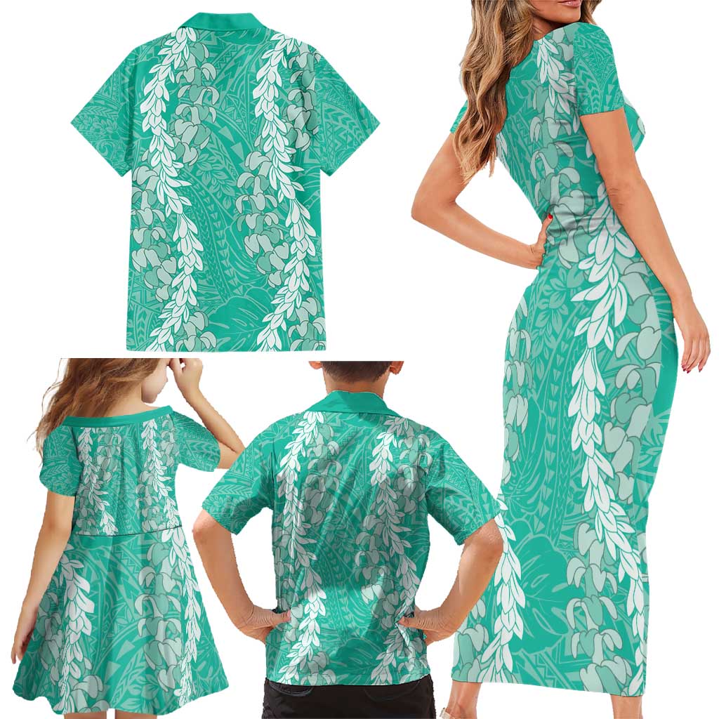 Puakenikeni and Maile Lei Family Matching Short Sleeve Bodycon Dress and Hawaiian Shirt Sage Green Double Strand Lei LT9 - Polynesian Pride