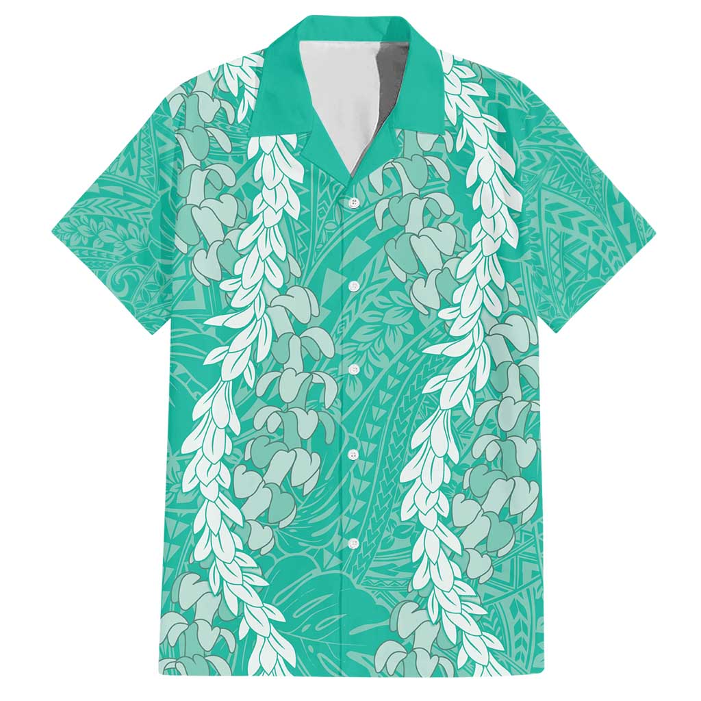 Puakenikeni and Maile Lei Family Matching Short Sleeve Bodycon Dress and Hawaiian Shirt Sage Green Double Strand Lei LT9 Dad's Shirt - Short Sleeve Sage Green - Polynesian Pride