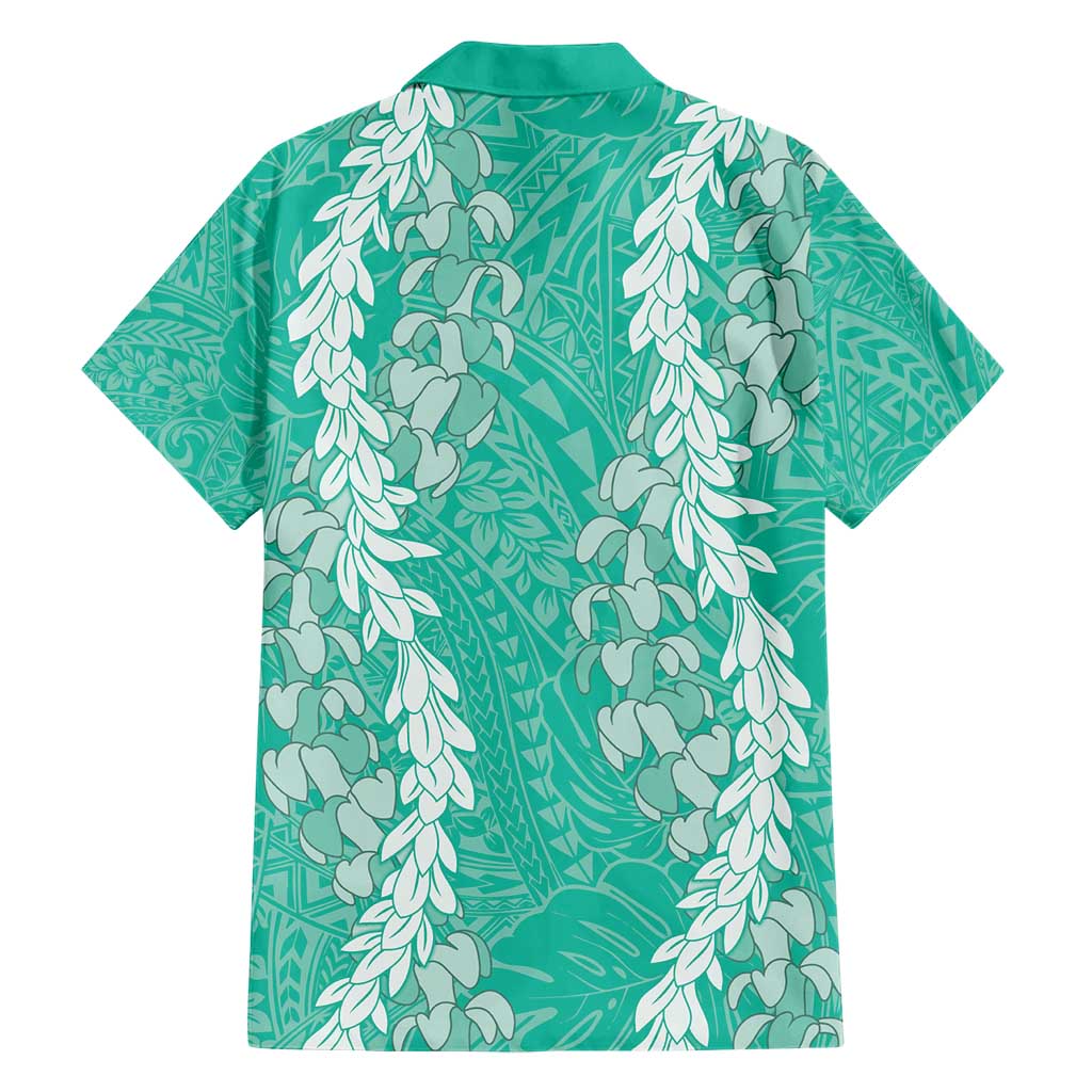 Puakenikeni and Maile Lei Family Matching Short Sleeve Bodycon Dress and Hawaiian Shirt Sage Green Double Strand Lei LT9 - Polynesian Pride