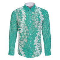 Puakenikeni and Maile Lei Family Matching Summer Maxi Dress and Hawaiian Shirt Sage Green Double Strand Lei LT9 Dad's Shirt - Long Sleeve Sage Green - Polynesian Pride