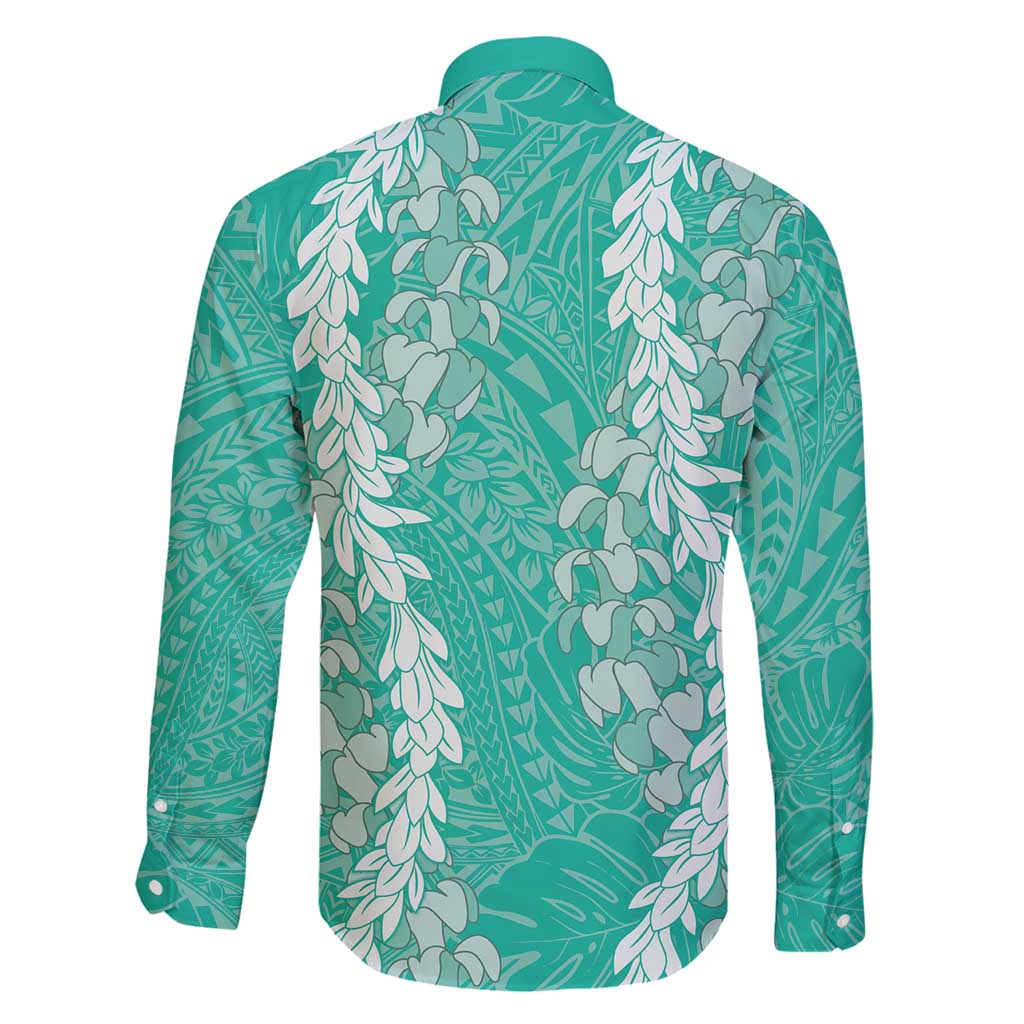 Puakenikeni and Maile Lei Family Matching Summer Maxi Dress and Hawaiian Shirt Sage Green Double Strand Lei LT9 - Polynesian Pride