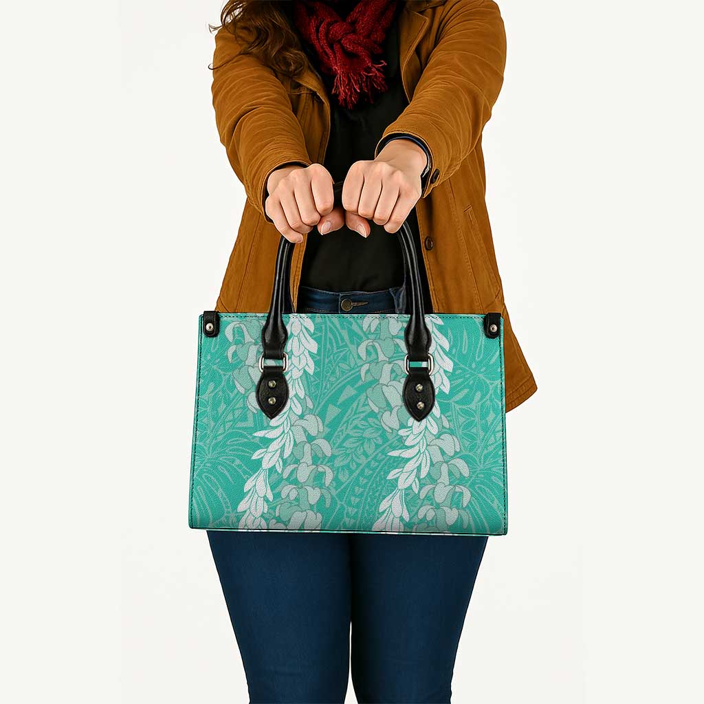 Puakenikeni and Maile Lei Leather Bag Sage Green Double Strand Lei - Polynesian Pride