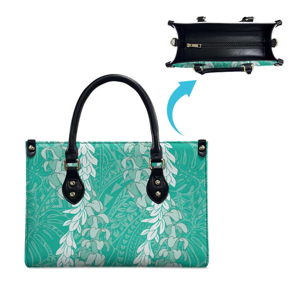 Puakenikeni and Maile Lei Leather Bag Sage Green Double Strand Lei - Polynesian Pride