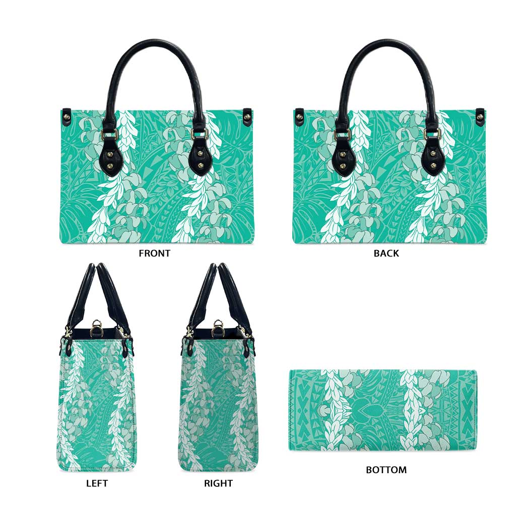 Puakenikeni and Maile Lei Leather Bag Sage Green Double Strand Lei - Polynesian Pride