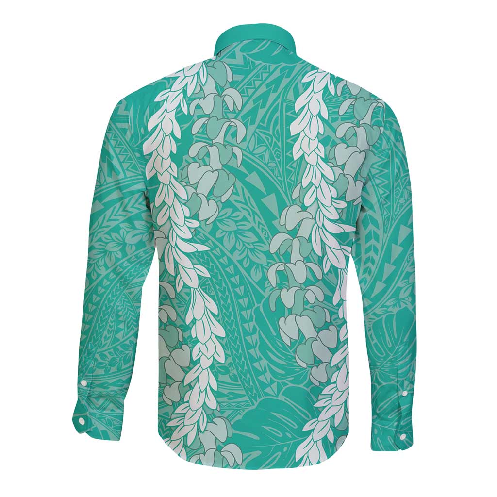 Puakenikeni and Maile Lei Long Sleeve Button Shirt Sage Green Double Strand Lei