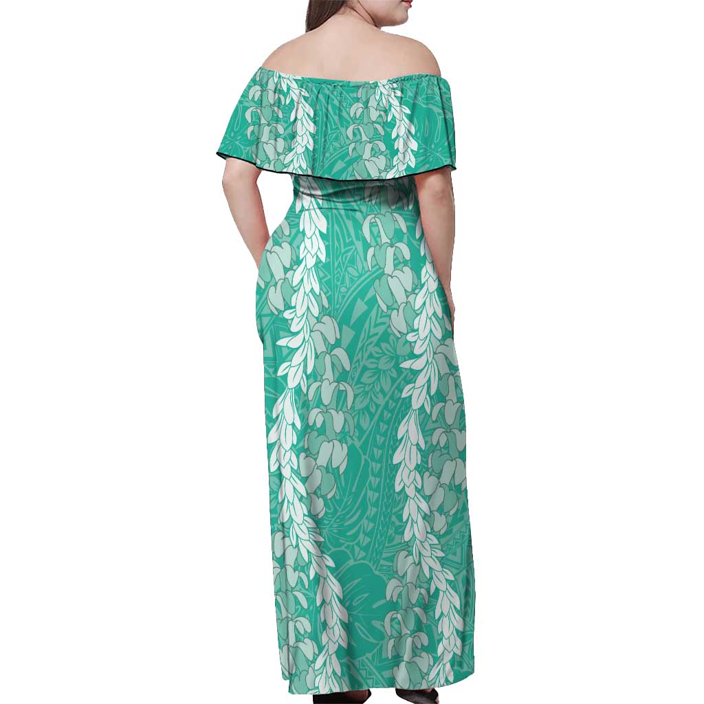 Puakenikeni and Maile Lei Off Shoulder Maxi Dress Sage Green Double Strand Lei