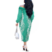 Puakenikeni and Maile Lei Off The Shoulder Long Sleeve Dress Sage Green Double Strand Lei LT9 - Polynesian Pride