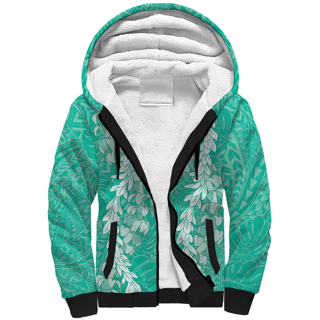 Puakenikeni and Maile Lei Sherpa Hoodie Sage Green Double Strand Lei