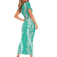 Puakenikeni and Maile Lei Short Sleeve Bodycon Dress Sage Green Double Strand Lei LT9 - Polynesian Pride