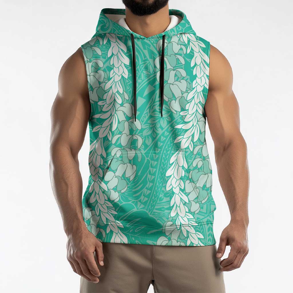 Puakenikeni and Maile Lei Sleeveless Hoodie Sage Green Double Strand Lei - Polynesian Pride