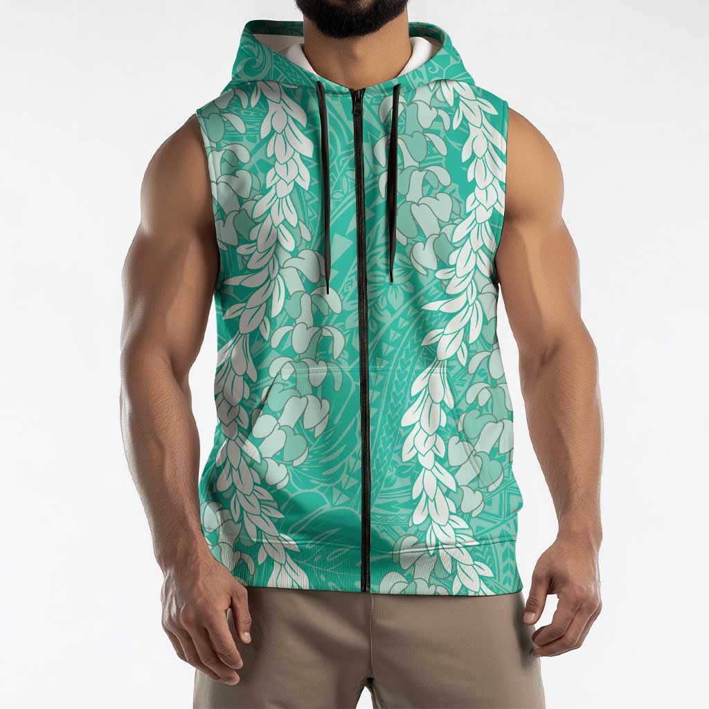 Puakenikeni and Maile Lei Sleeveless Zip Hoodie Sage Green Double Strand Lei LT9 - Polynesian Pride